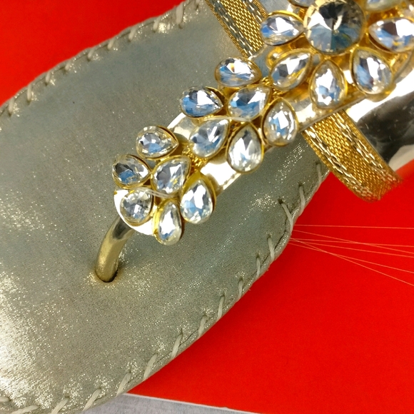 Sparkling Dazzling Champagne Gold Wedge Sandal Slides decorated 10 Low … - Picture 5 of 6